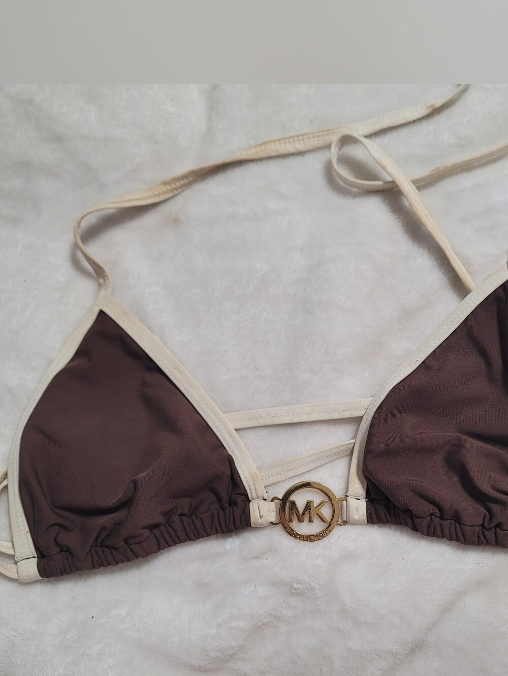 Michael Kors Brown Bikini Triangle Top with Cream Trim and Gold MK Accent